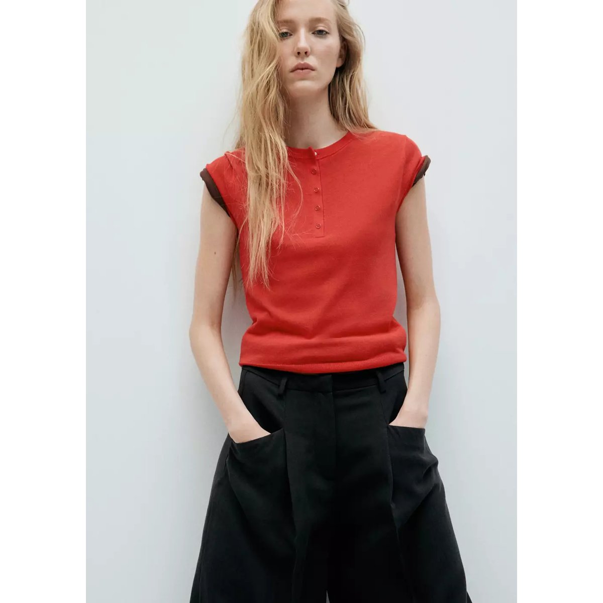 Pantalon wideleg pinces noir, MANGO
