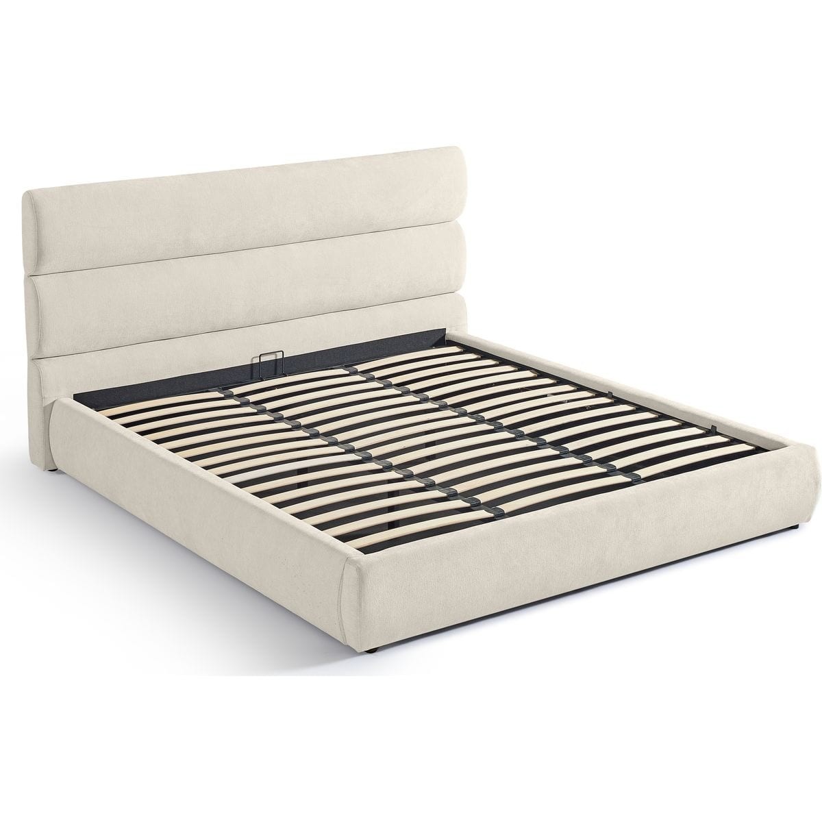 Lit coffre adulte avec tête de lit capitonnée en tissu chenille - SIMON beige, HOMIFAB