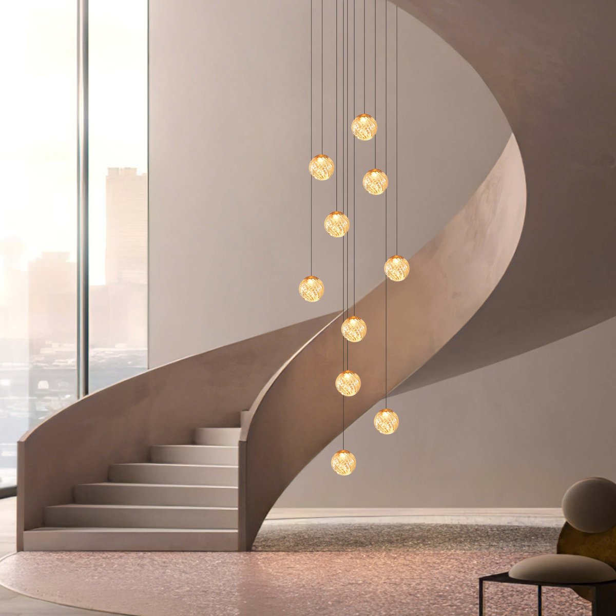Suspension LED longue à verre ambré - ESPOSIA ambré et doré, KOSILUM