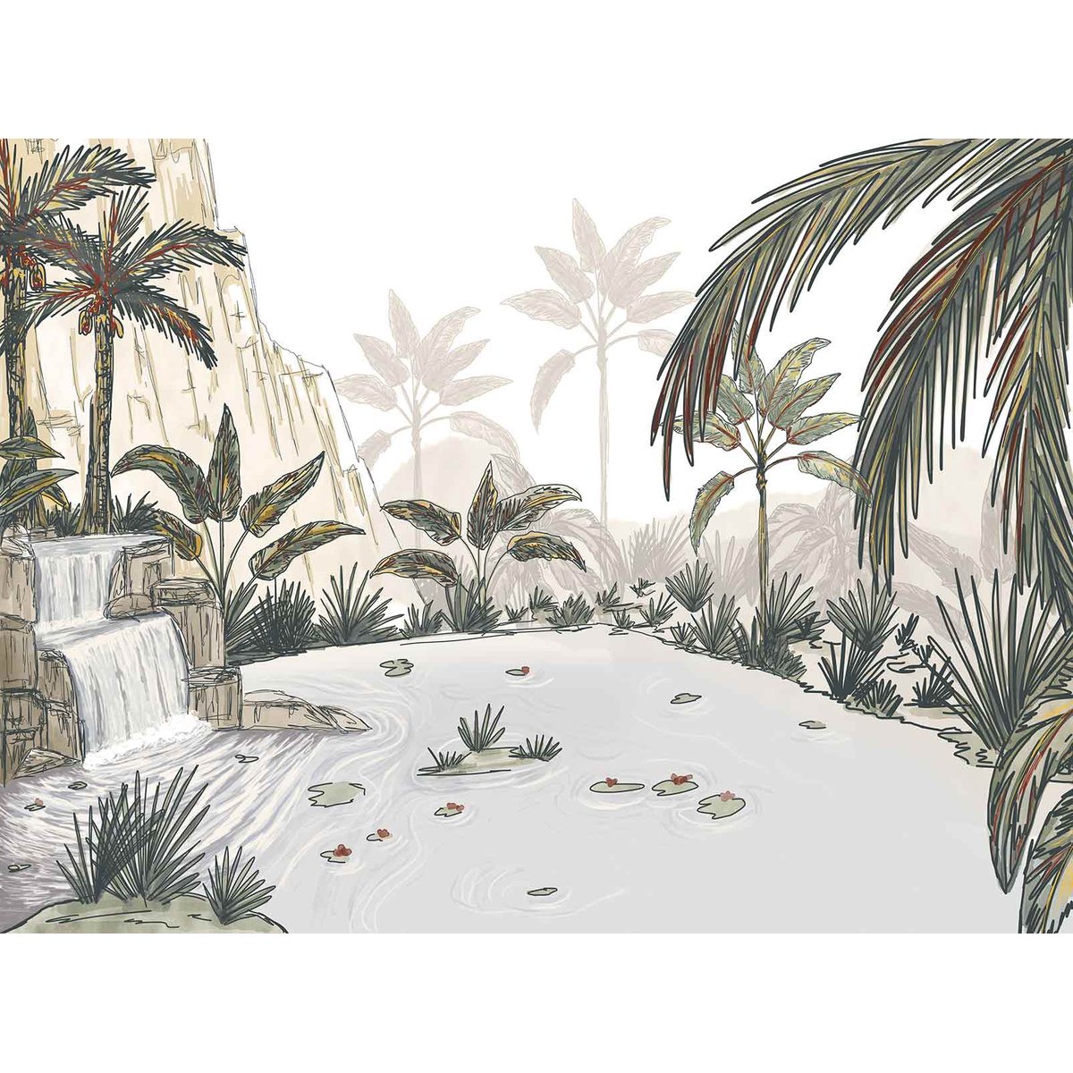 Papier peint panoramique Cascade tropicale intissé, HEXOA