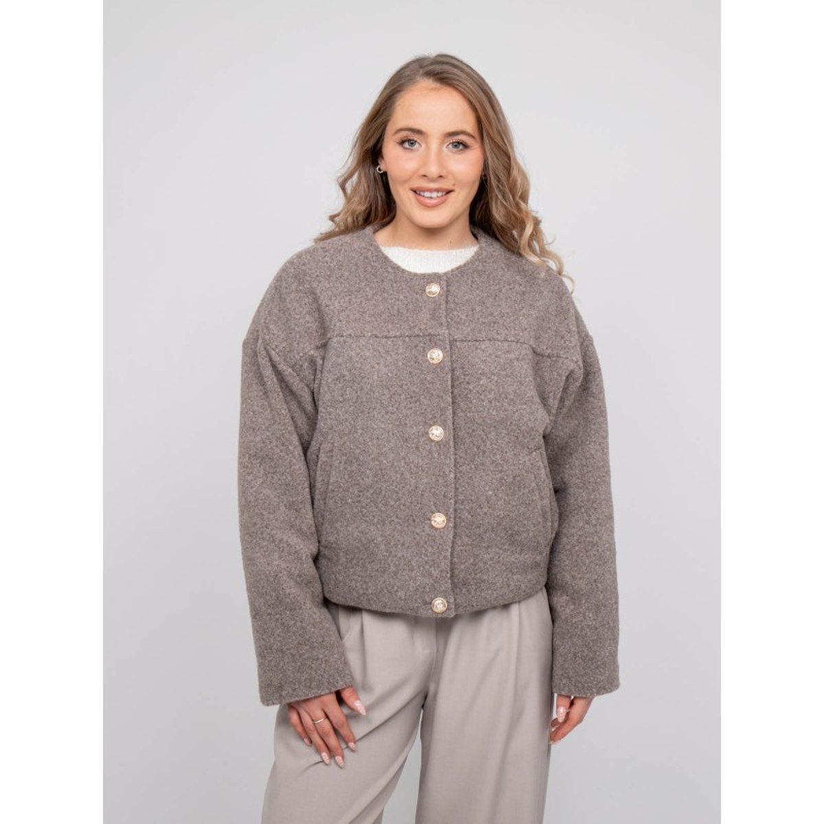 Veste Courte Effet Laine Boutons Dorés Uwari gris, DONA LISA