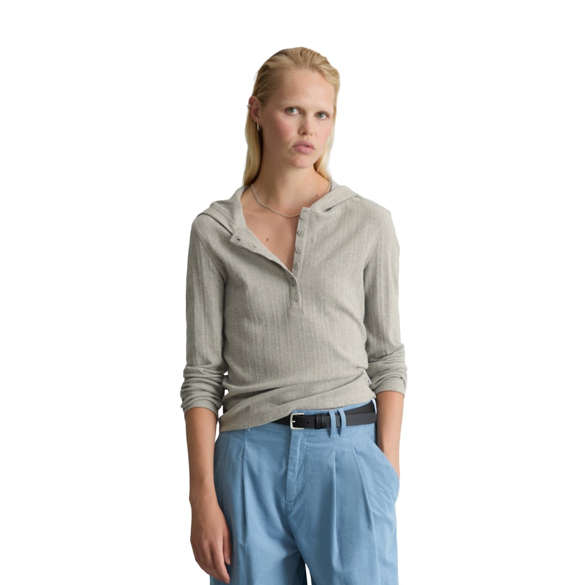 T-shirt à manches longues en jersey côtelé, à capuche, coupe ajustée en pur coton biologique gris, MARC O’POLO DENIM