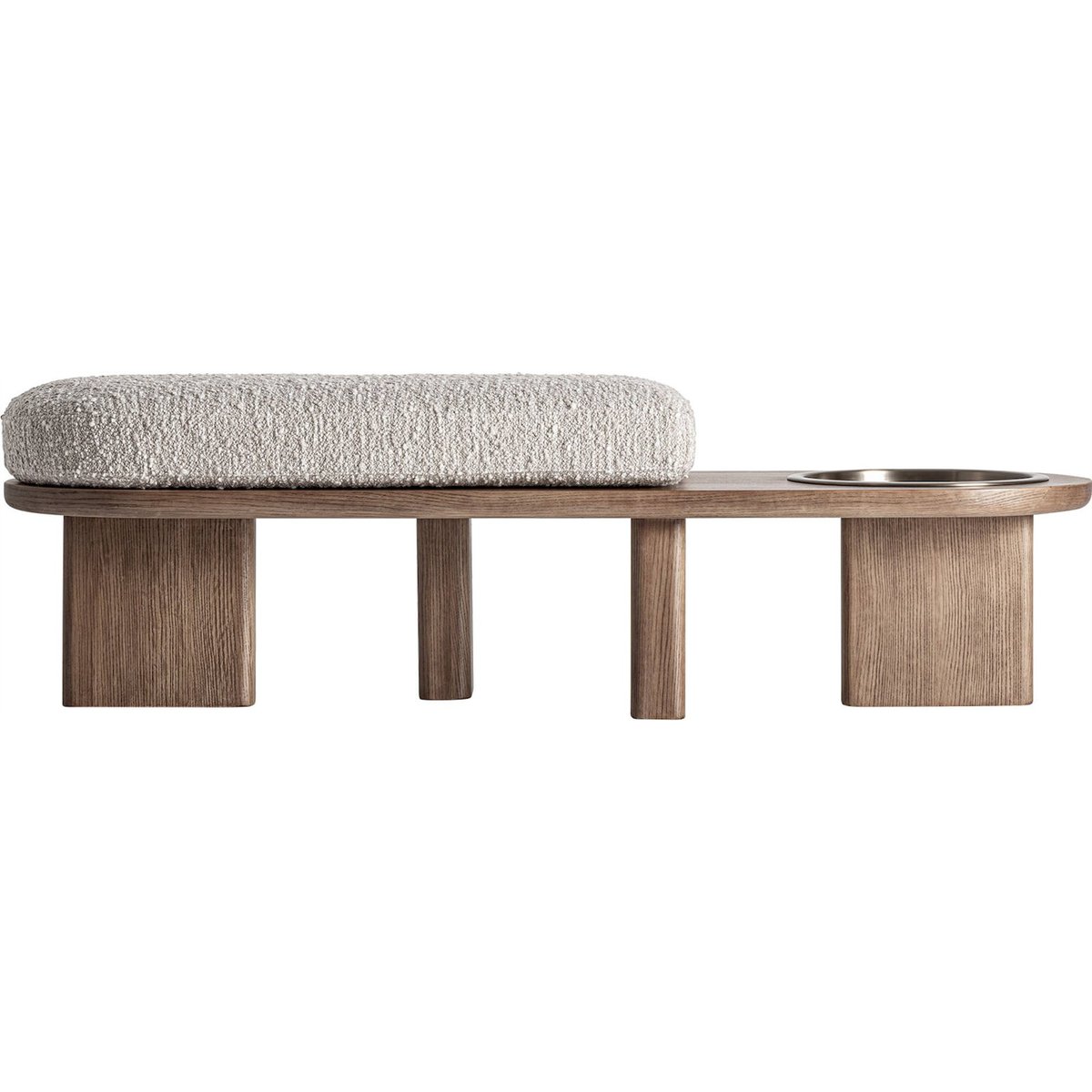 Banc de lit contemporain en bois beige grège, marron bois et doré, RECOLLECTION
