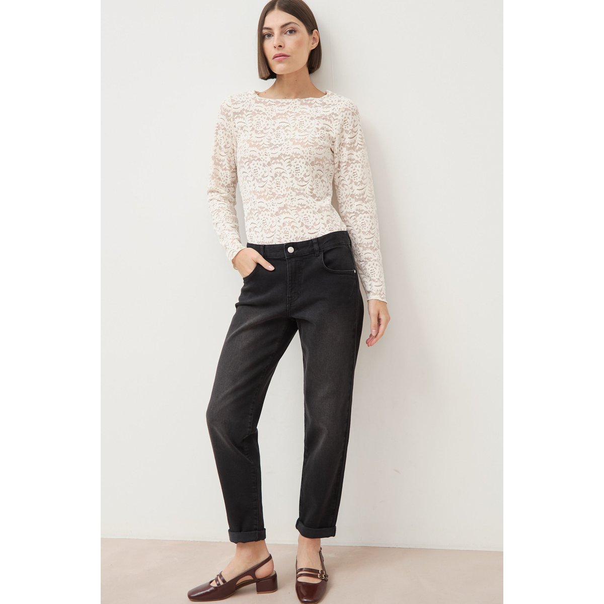 Jeans droit 7/8ème taille standard denim noir, BONOBO
