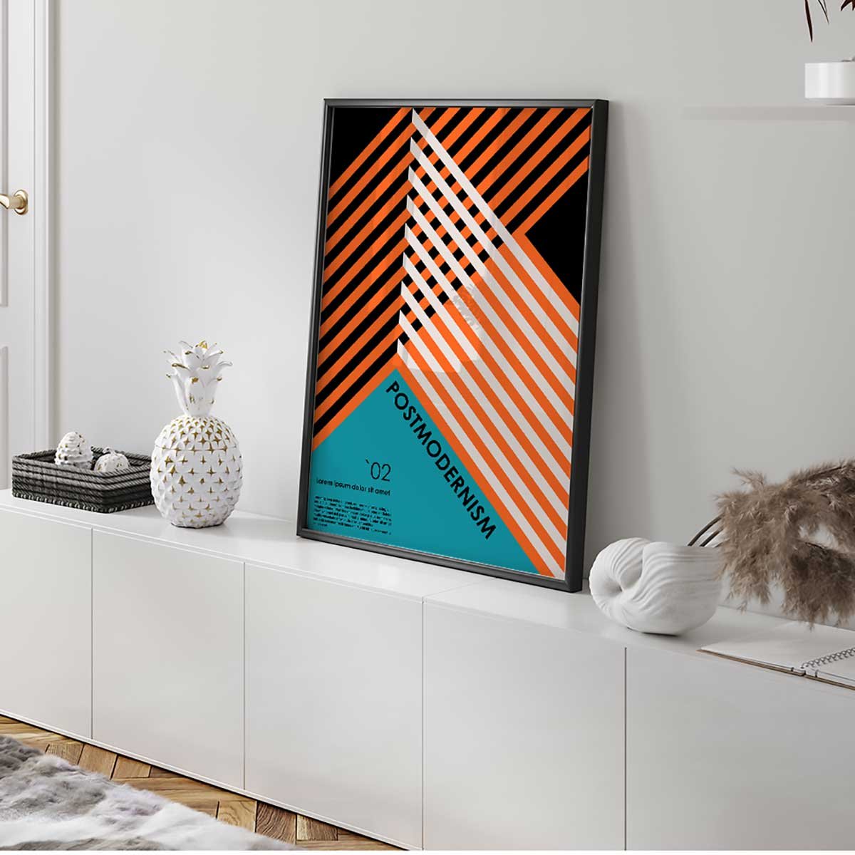 Affiche encadrée géométrique rayures orange noires affiche + cadre en métal - noir, HEXOA