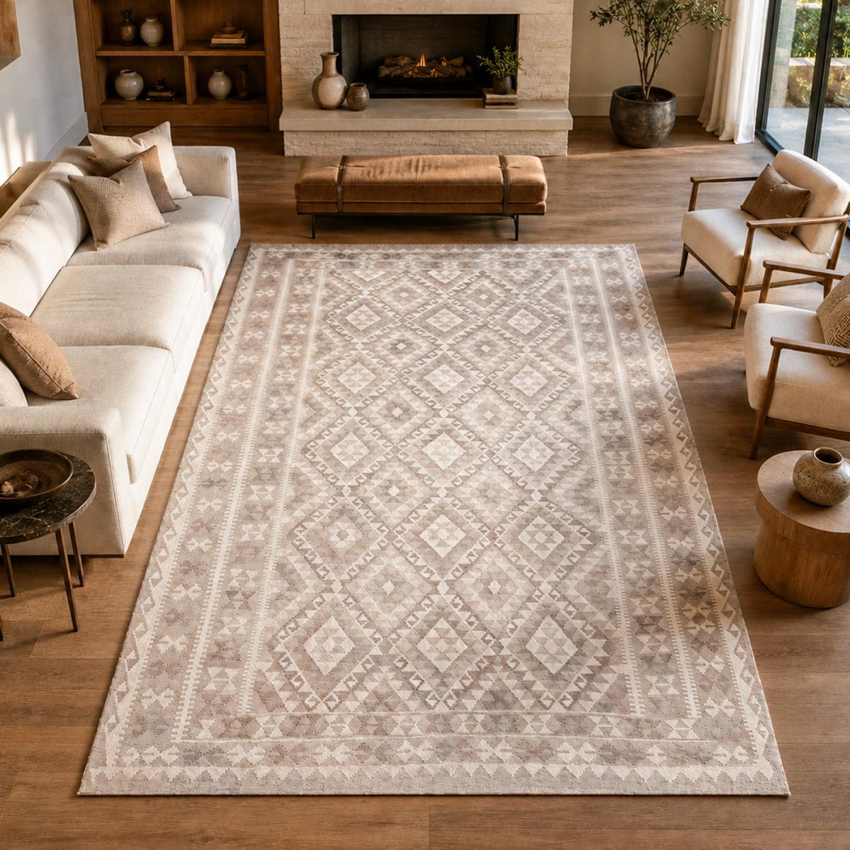 Tapis kilim géométrique, tissé à plat en laine, KILIM 47 beige, crème, gris, UN AMOUR DE TAPIS