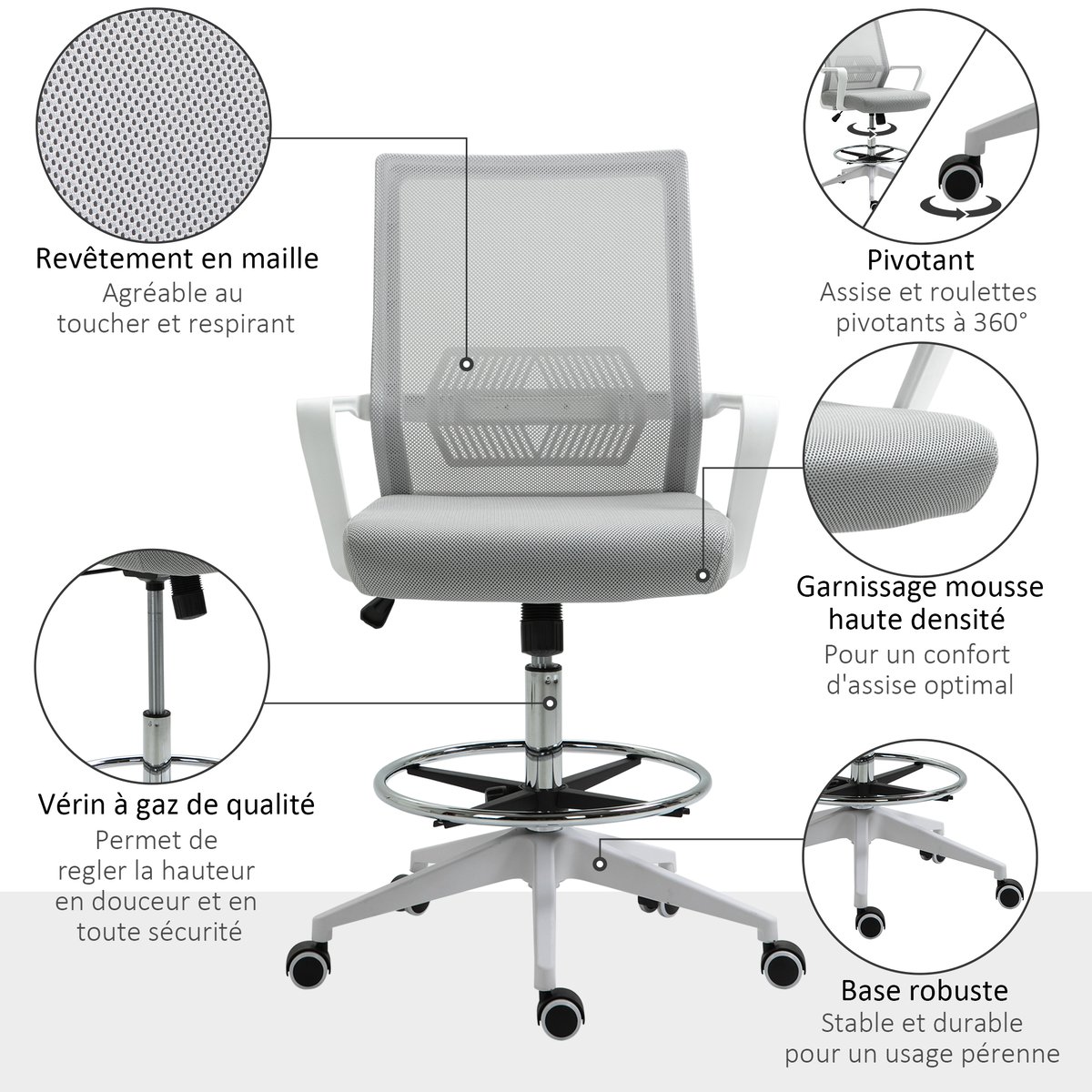 Chaise de bureau pour poste de travail debout gris et blanc, HOMCOM