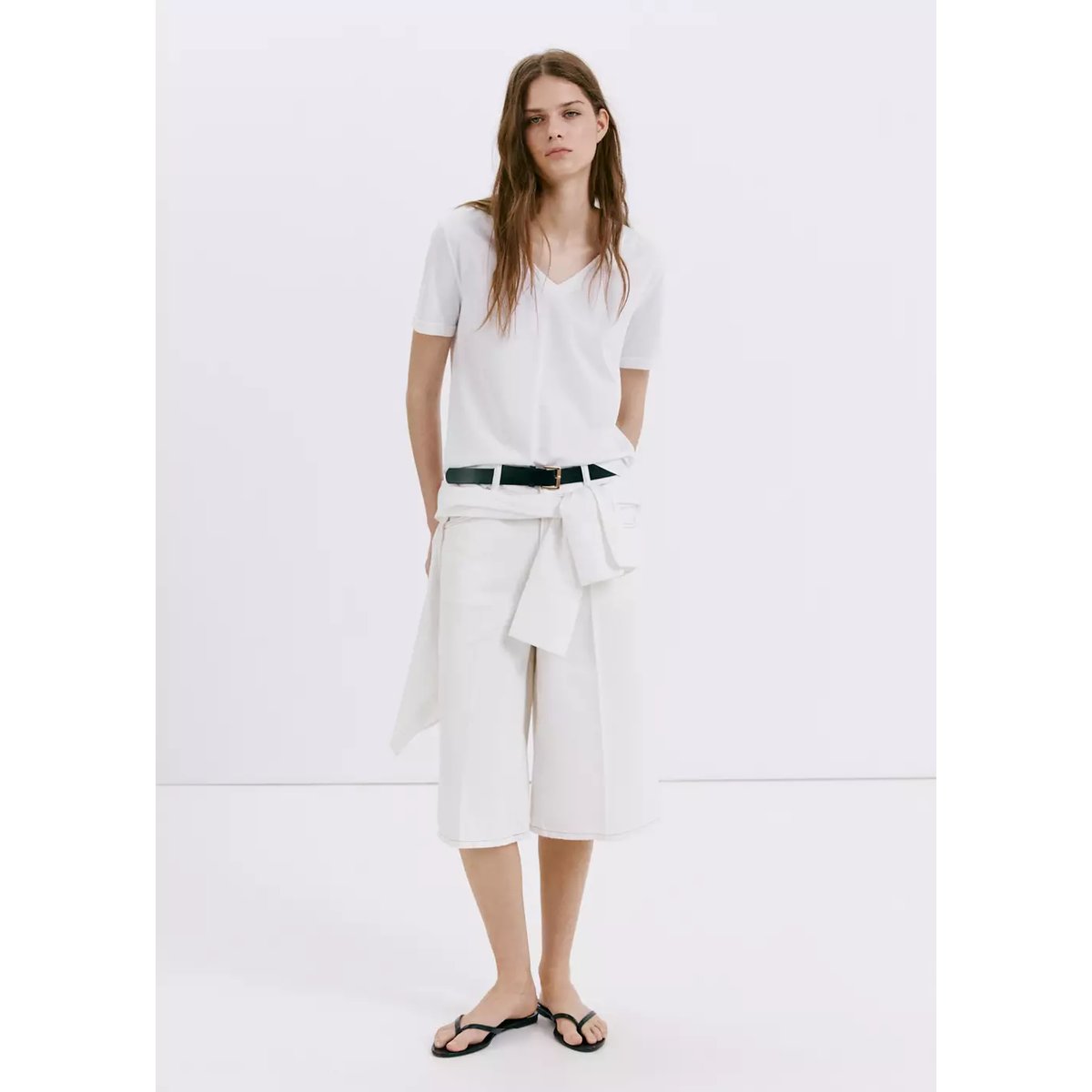 T-shirt coton col en V blanc, MANGO