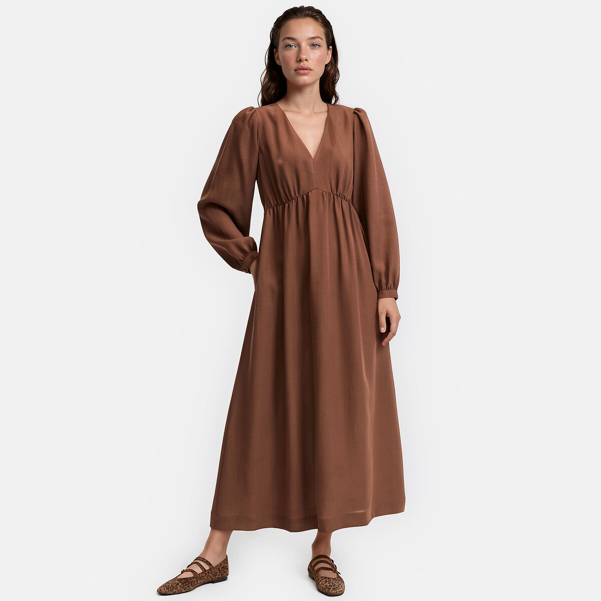 Robe longue col V à manches longues marron, LA REDOUTE COLLECTIONS