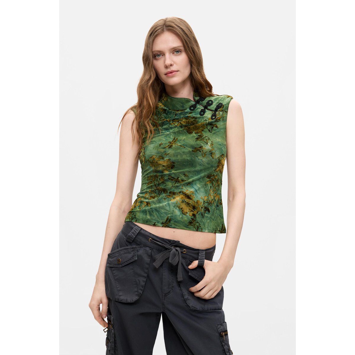 Top floqué imprimé bleu, DESIGUAL