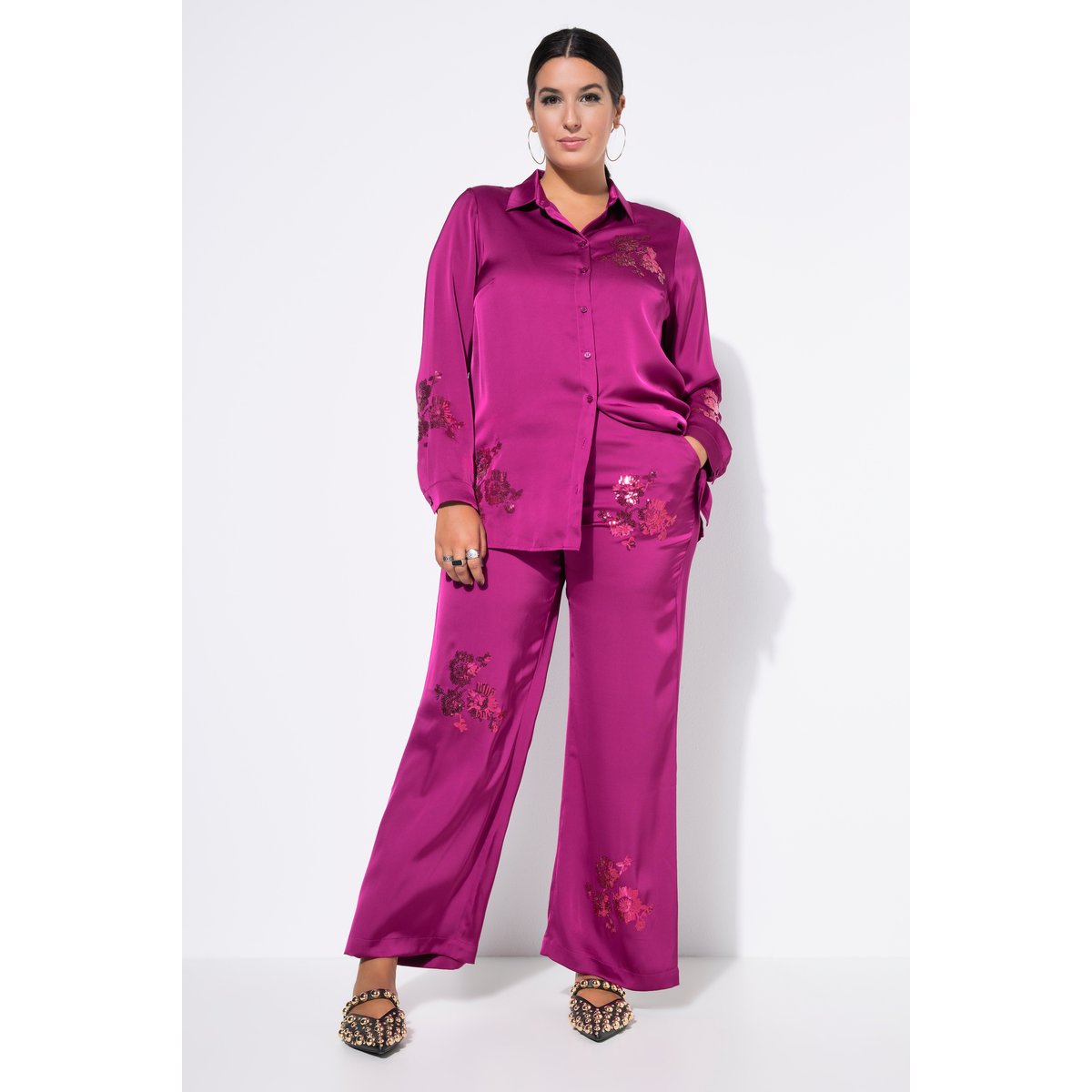 Pantalon coupe Wide Legs, fleur pailletée mûres, STUDIO UNTOLD