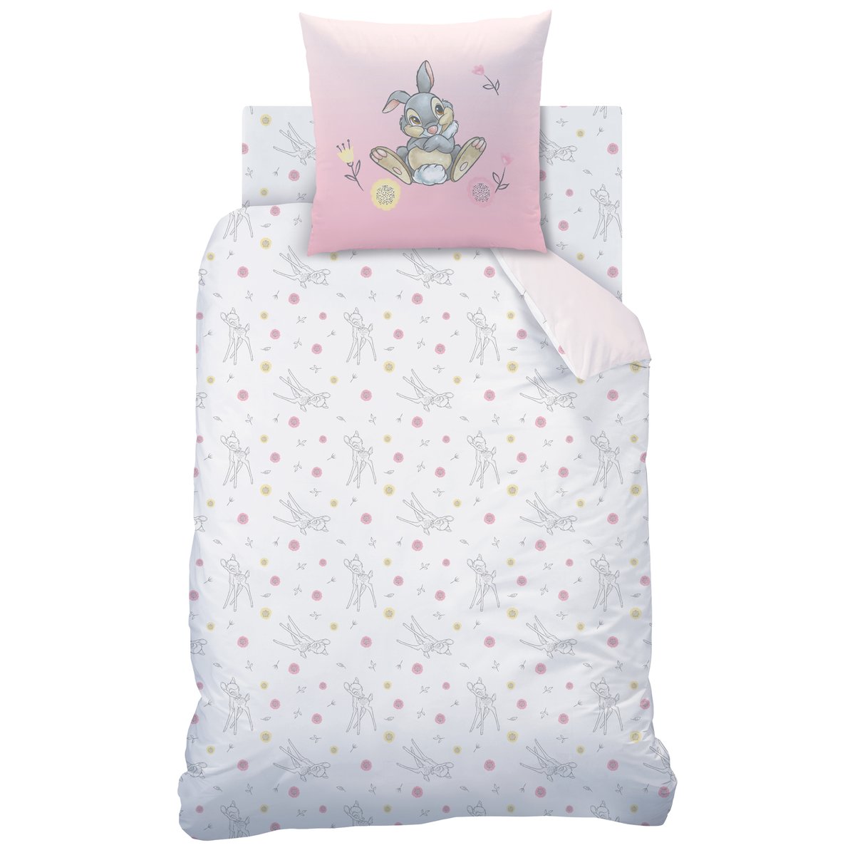 Parure de lit imprimée 100% coton, BAMBI FLOWERS rose, DISNEY ANIMAUX