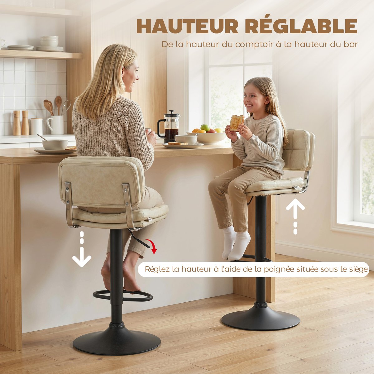 Tabouret de bar Revêtement synthétique PU crème, noir, HOMCOM
