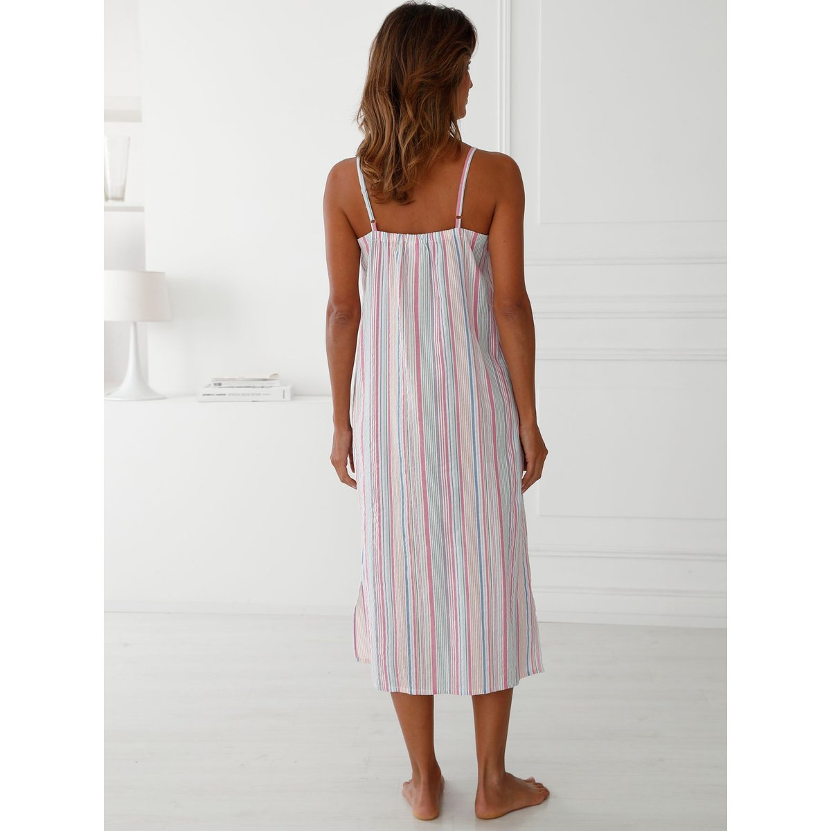 Chemise de nuit seersucker à bretelles imprimé rose, DAXON