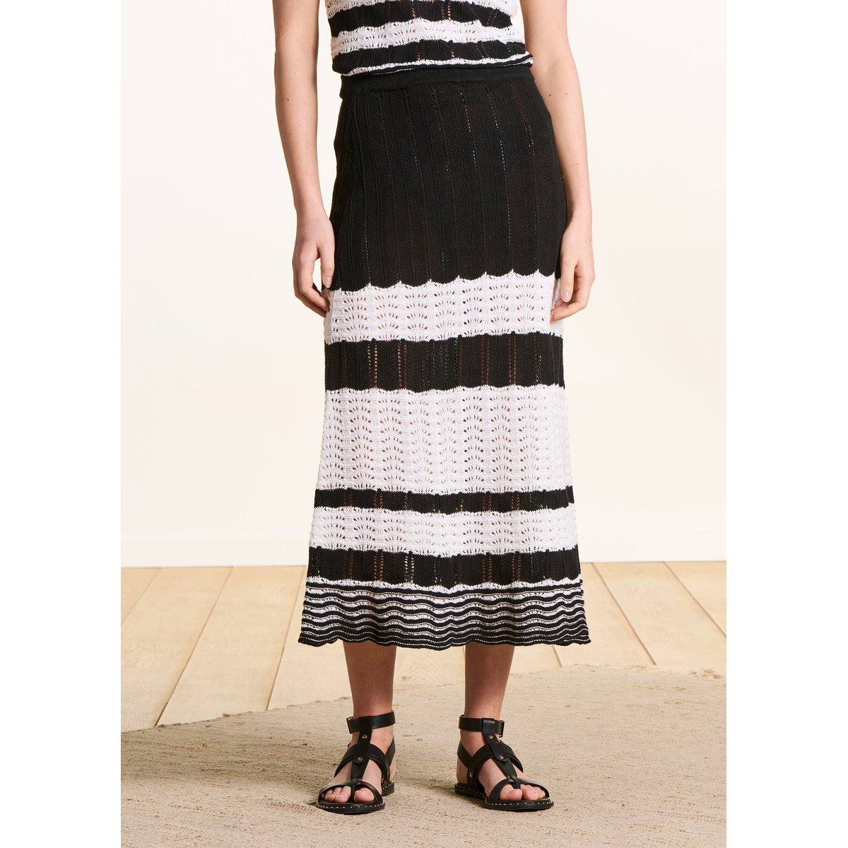 Jupe midi en maille rayée ajourée ecru/noir, LA FEE MARABOUTEE