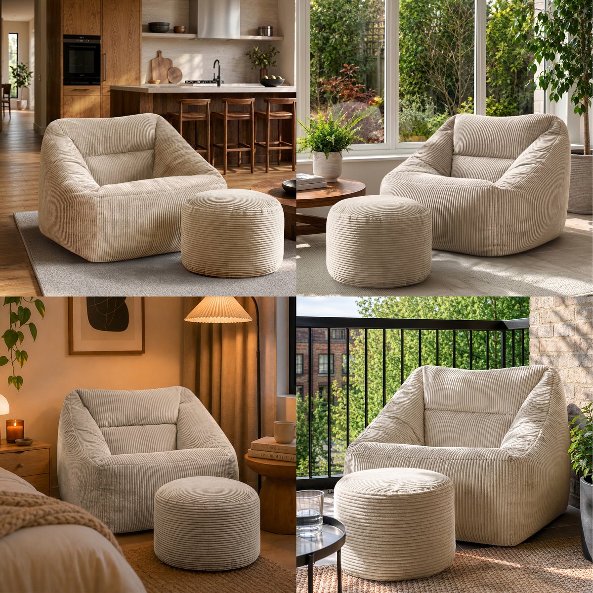 Pouf fauteuil salon et son repose-pied rond velours côtelé Oeko-Tex® - NATALIA beige galet, ICON