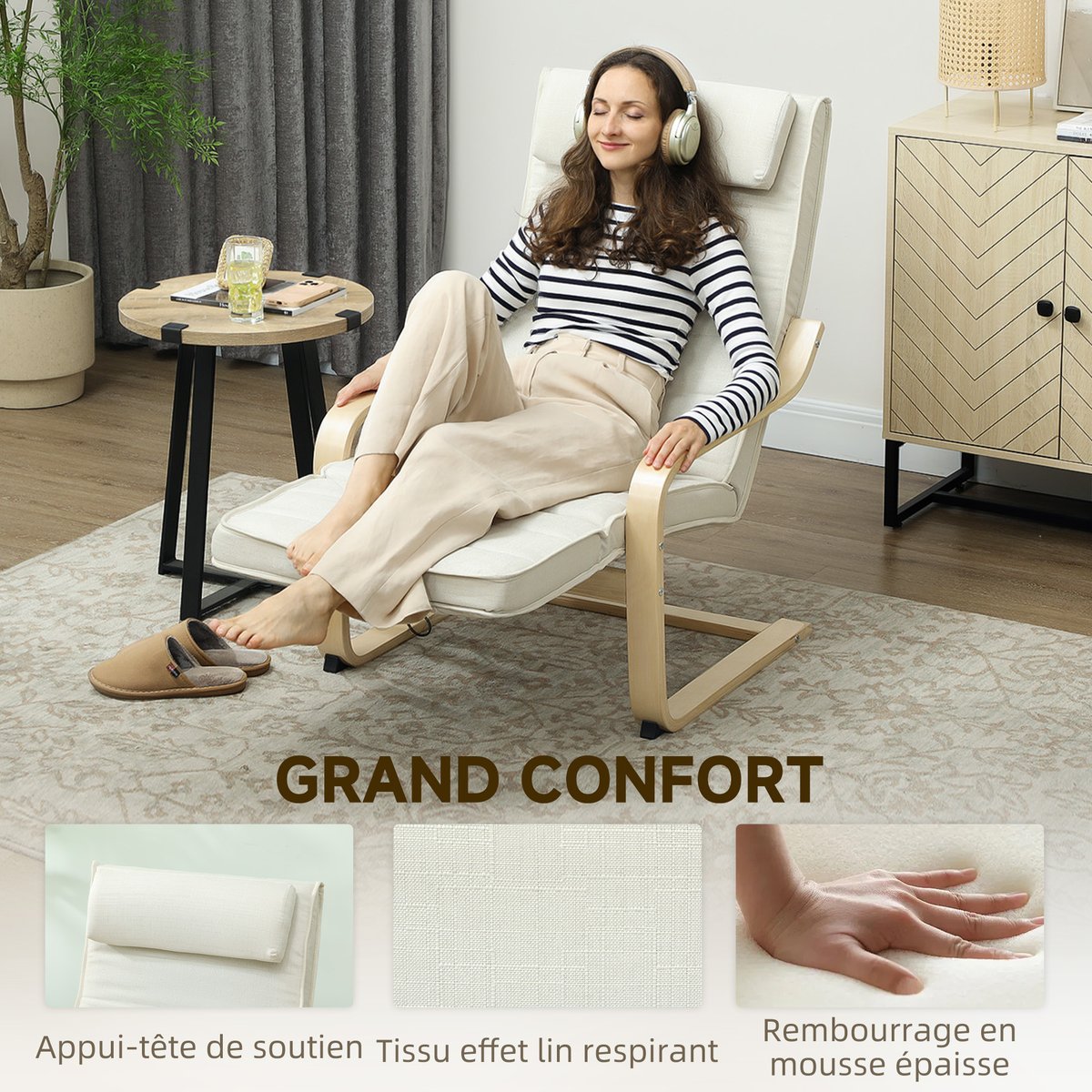 Accent Chair Lin Blanc crème, bois naturel, HOMCOM