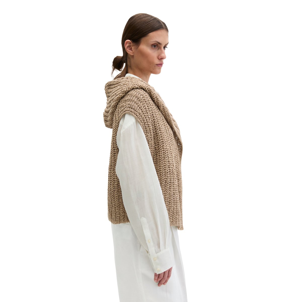 Cardigan sans manches loose en fil à bandelettes beige, MARC O'POLO