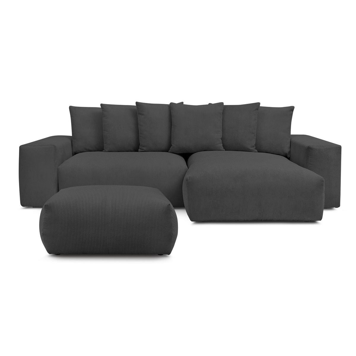 Canapé d'angle convertible 5 places en velours côtelé avec pouf, VOLTAIRE gris foncé, BOBOCHIC