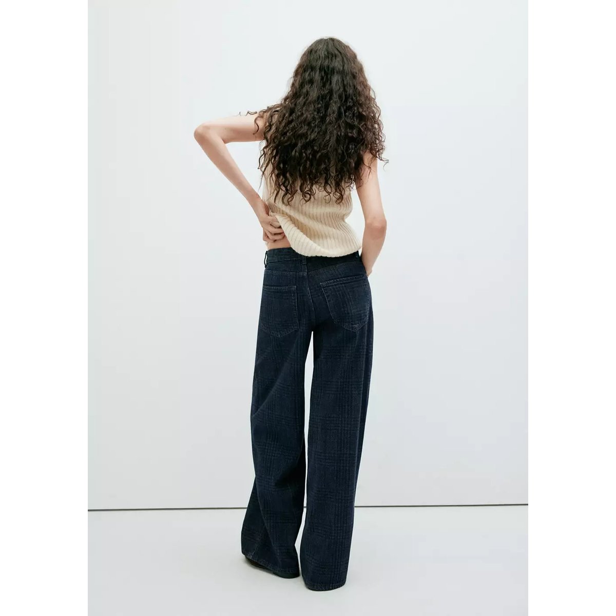 Jean wide leg à carreaux bleu, MANGO