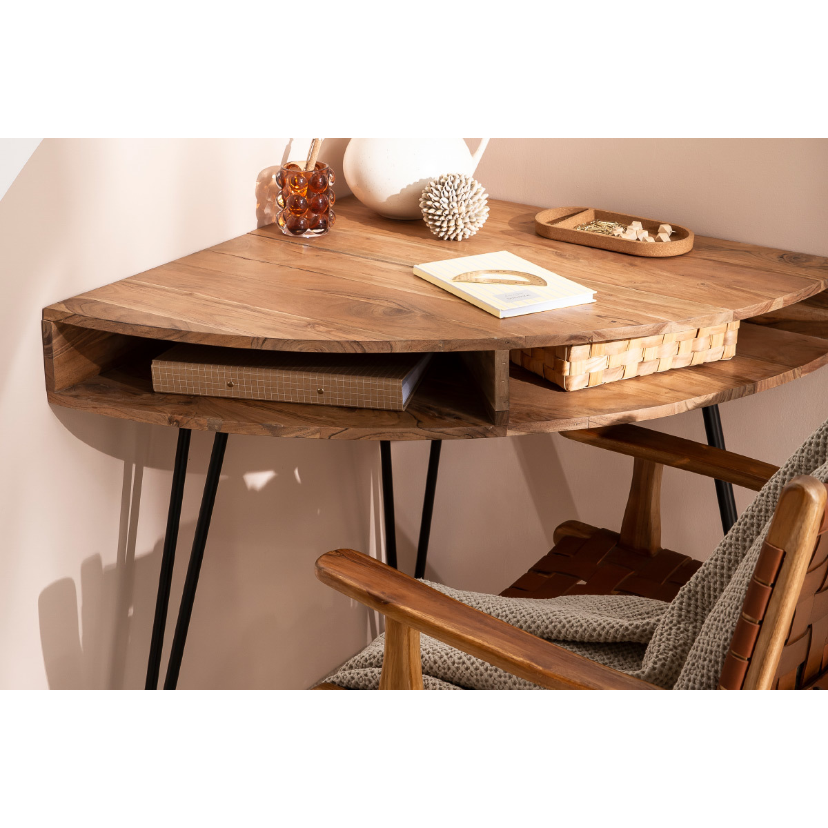 Bureau d'angle avec rangements bois massif et métal noir L75 cm GOSBY bois brut, MILIBOO