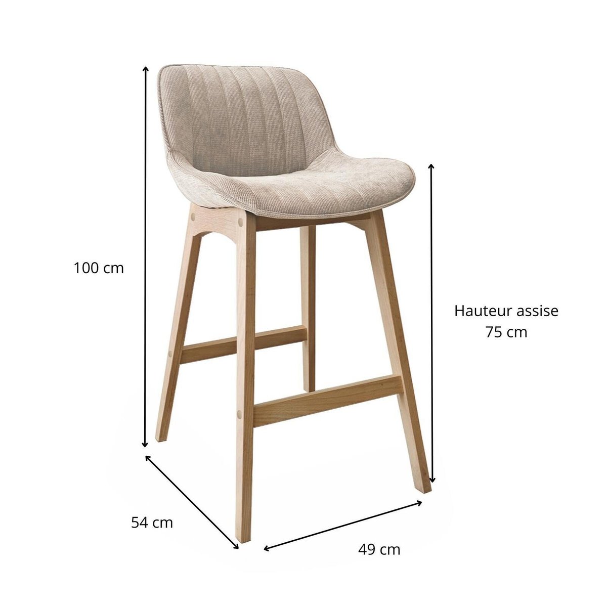 Lot Tabourets Chêne et Velours Côtelé NORDEN H75cm beige, MOB IN