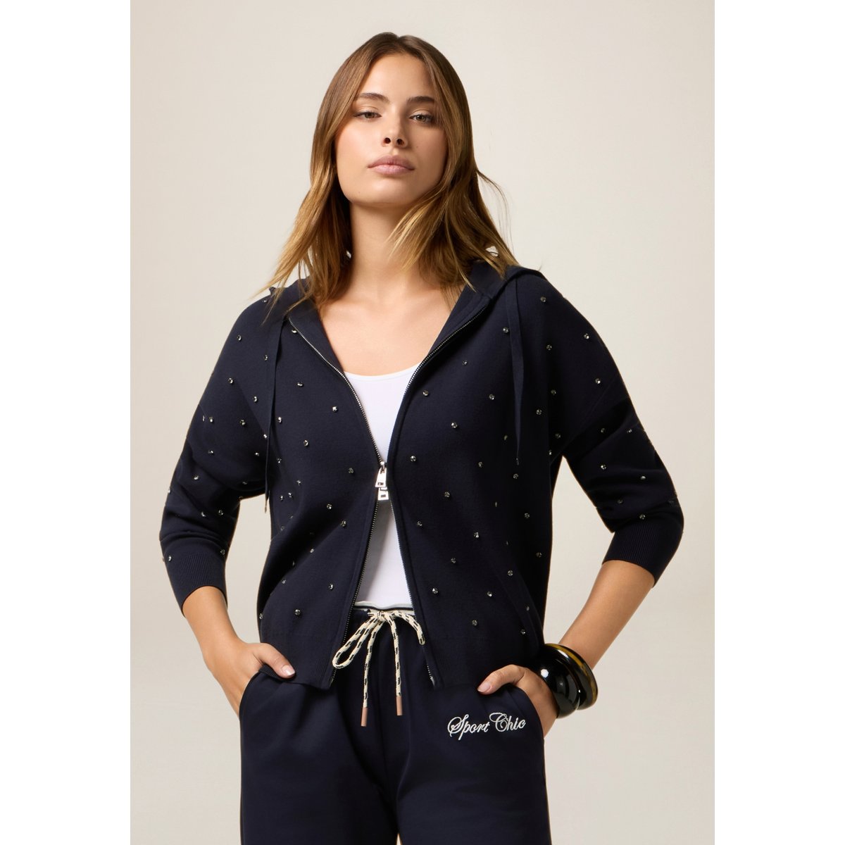 Cardigan à capuche et boutons bleu, OLTRE