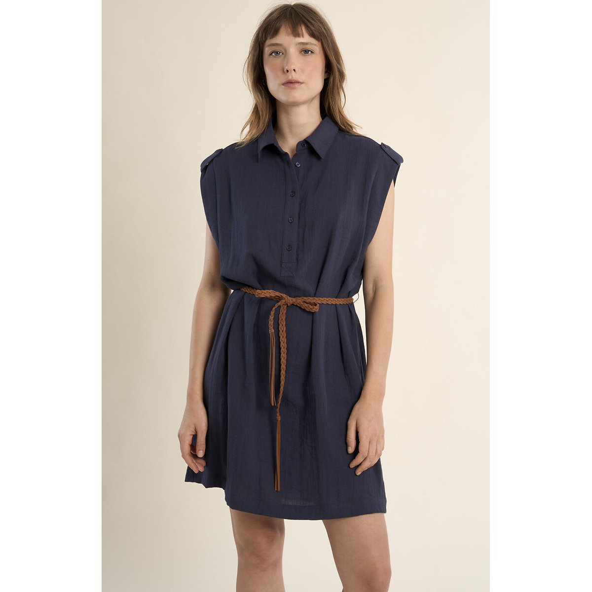 Robe droite, courte, manches courtes bleu marine, MOLLY BRACKEN