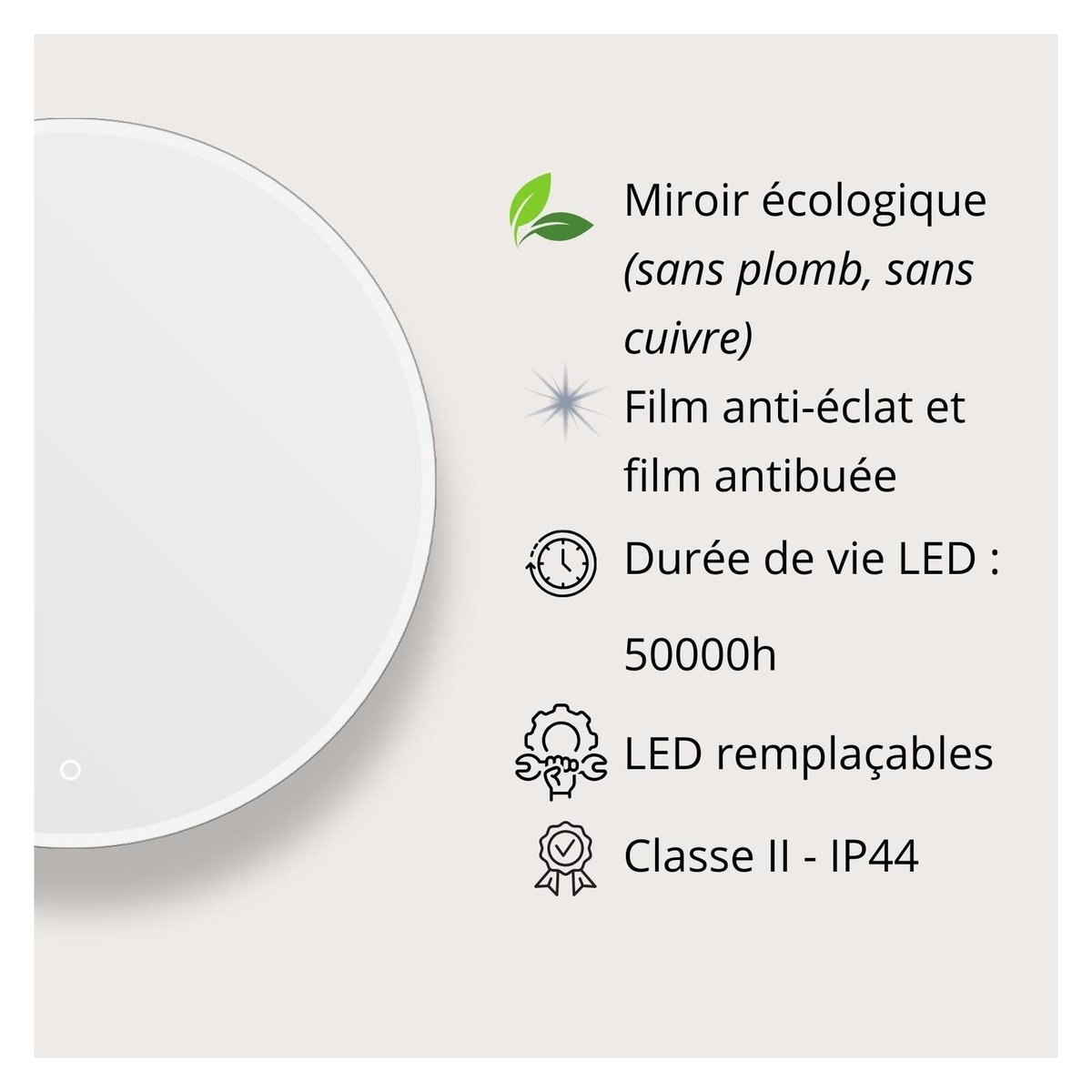 Miroir LED rond D60/70/80cm avec cadre rétroéclairé ORAYA couleur unique, MOB IN