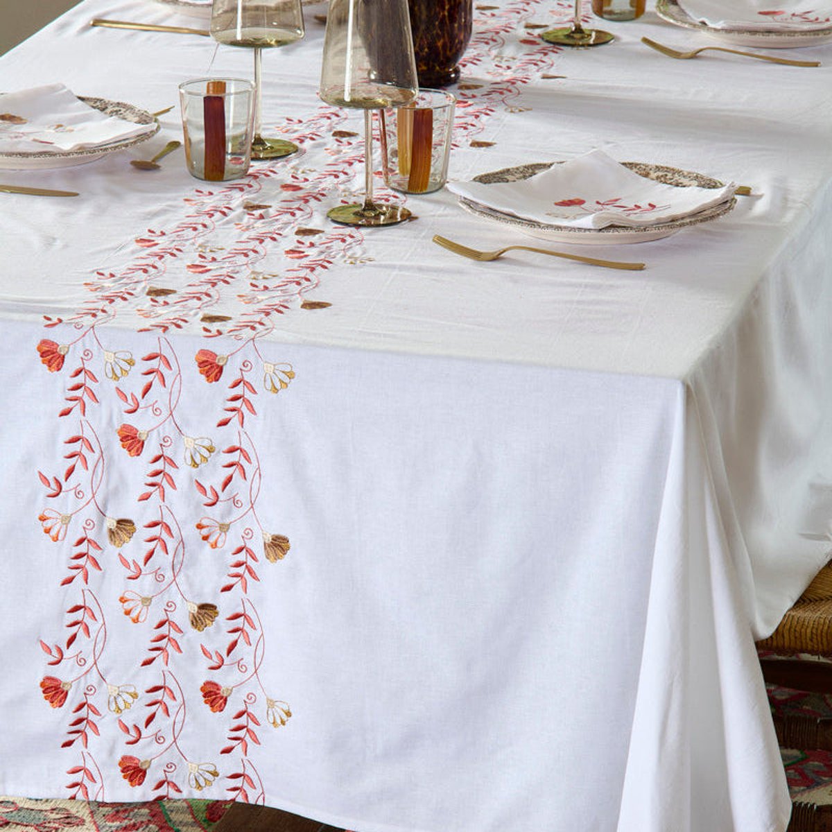 Nappe Floressa - Coton lavé brodé blanc, TRADITION DES VOSGES