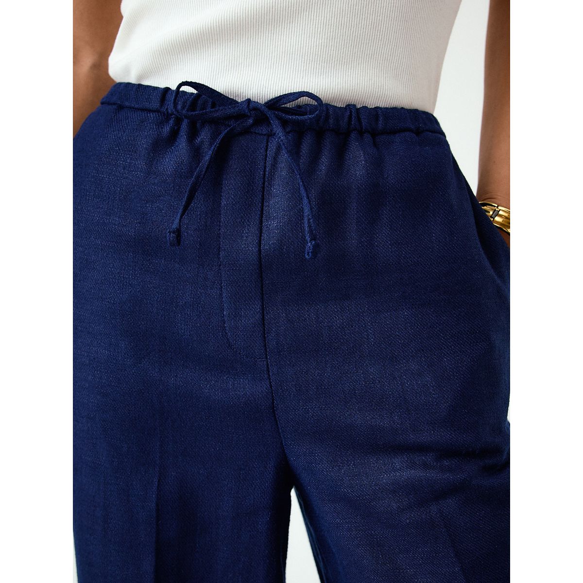 Pantalon large en lin mélangé à nouer bleu marine, NEXT