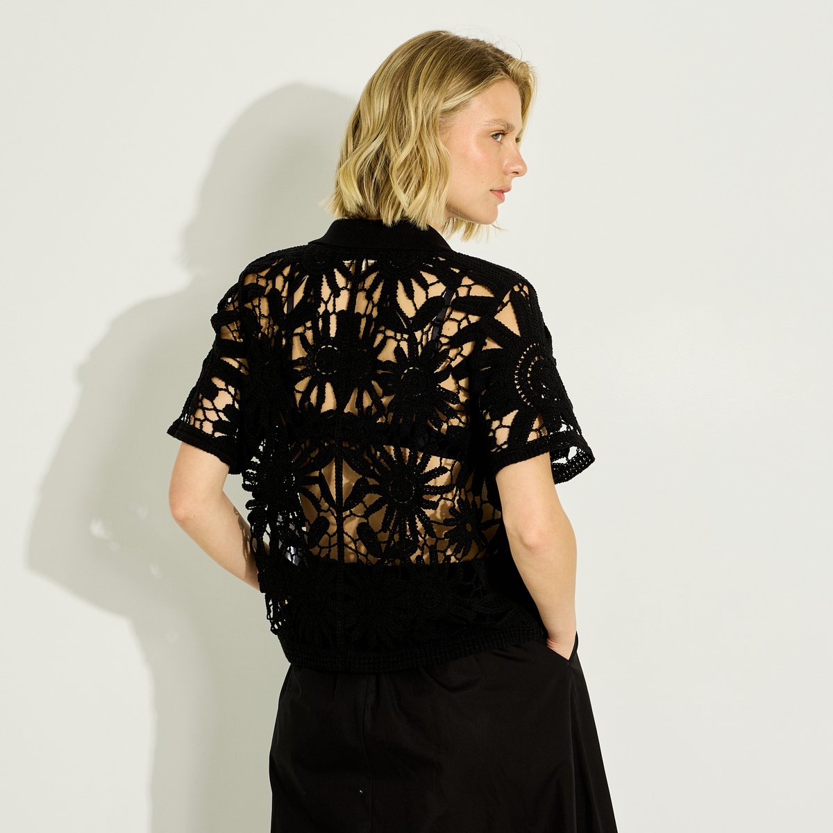 Polo en crochet ajouré noir, GRAIN DE MALICE