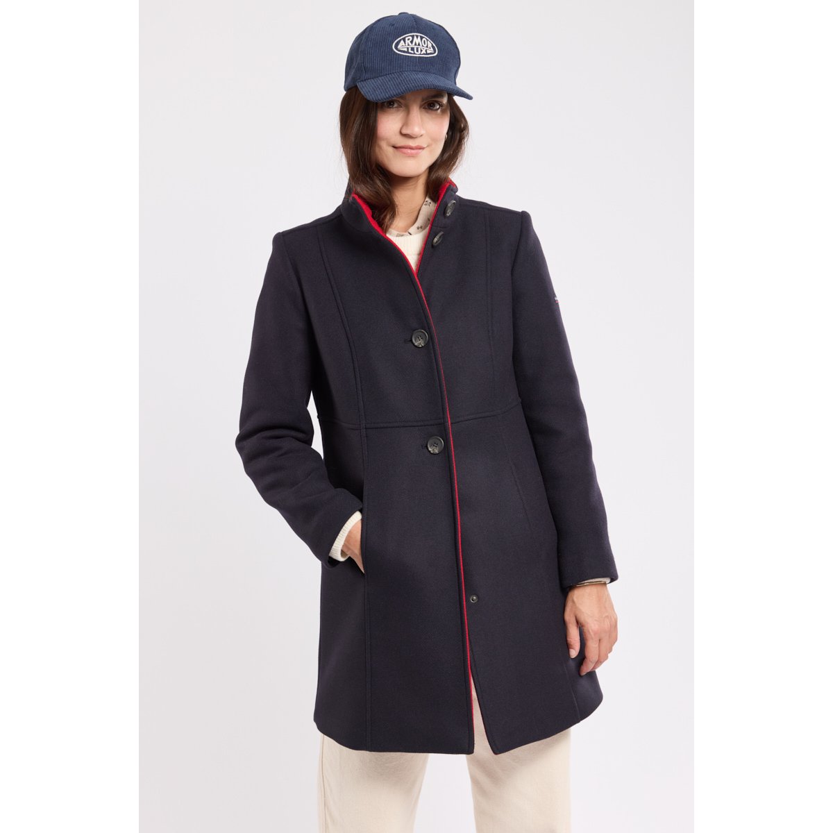 Manteau bi-colore en laine marine/rouge, ARMOR-LUX