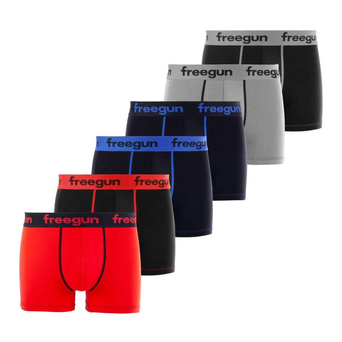 Lot De 6 Boxers Coton rouge/noir/bleu/gris, FREEGUN