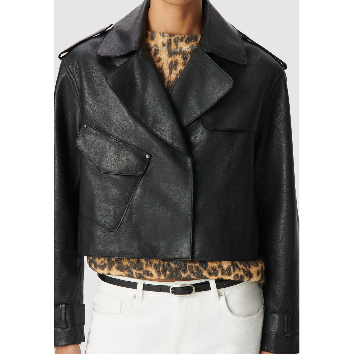 Veste cuir bavolet et poche biais noir, IKKS