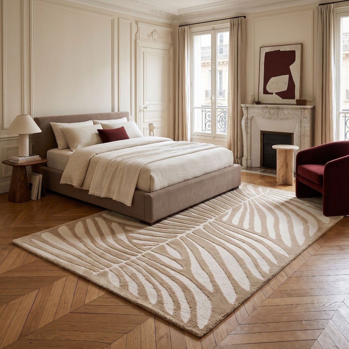 Tapis à relief doux moderne DESIGN LEAVES beige, THE DECO FACTORY