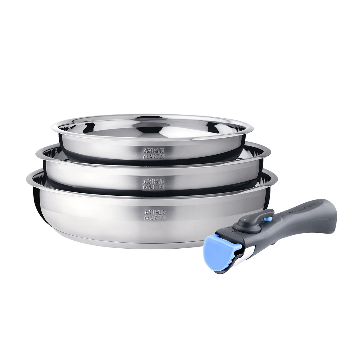 3 poêles avec 1 poignée amovible inox, ARTHUR MARTIN