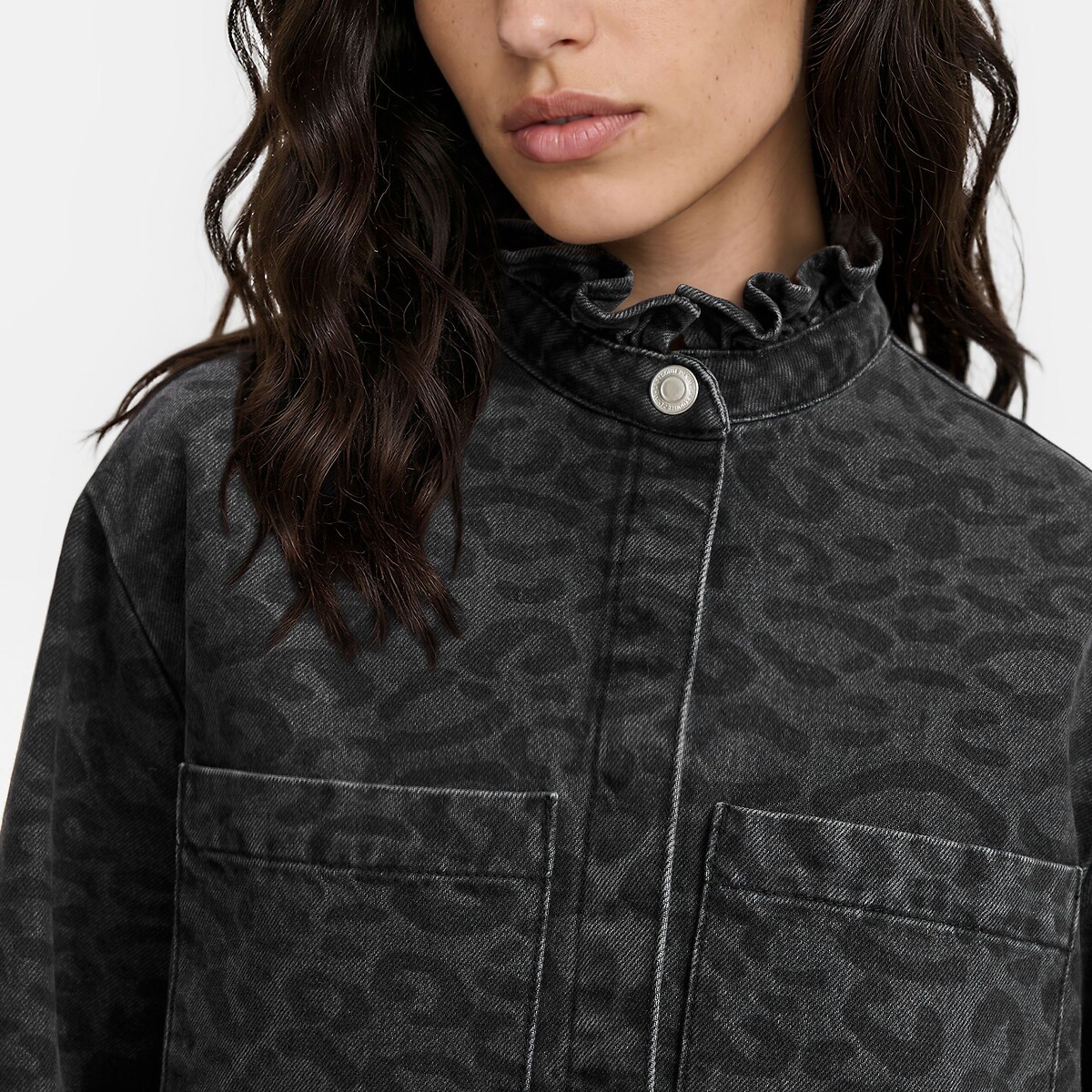 Robe courte à col volanté, en denim imprimé léopard, Signature DEBBIE imprimé léopard/gris, LA REDOUTE COLLECTIONS