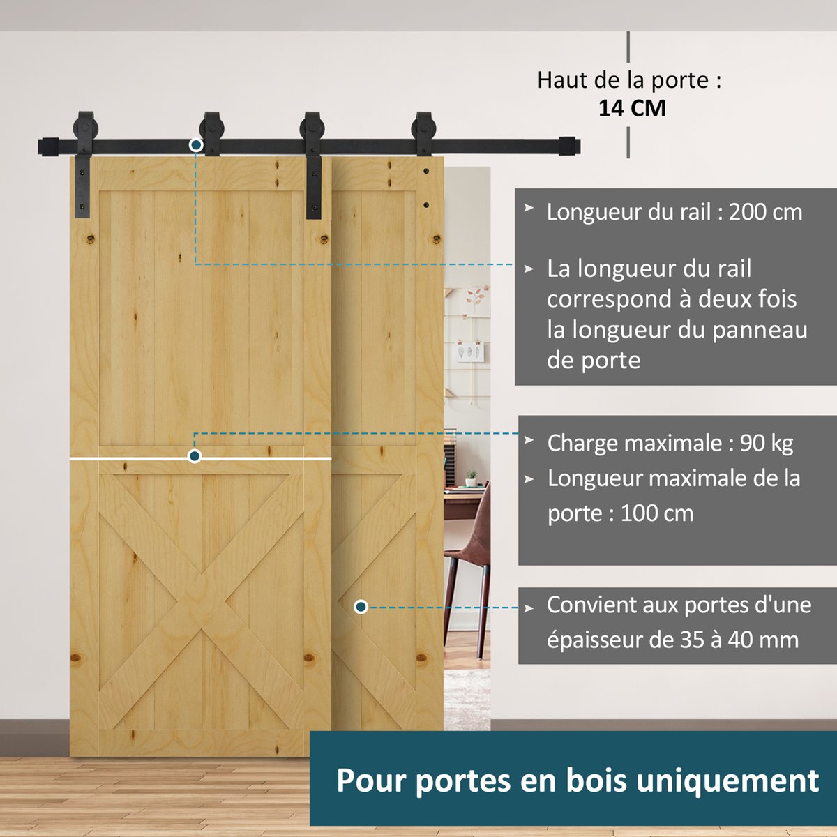 Kit de quincaillerie pour porte coulissante noir, HOMCOM