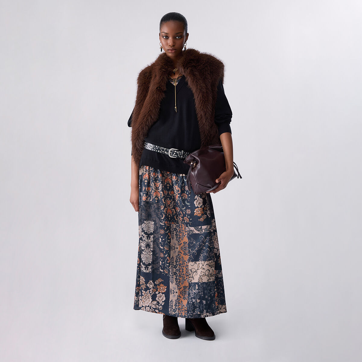 Robe longue en mélange de laine noir et beige, LIU JO
