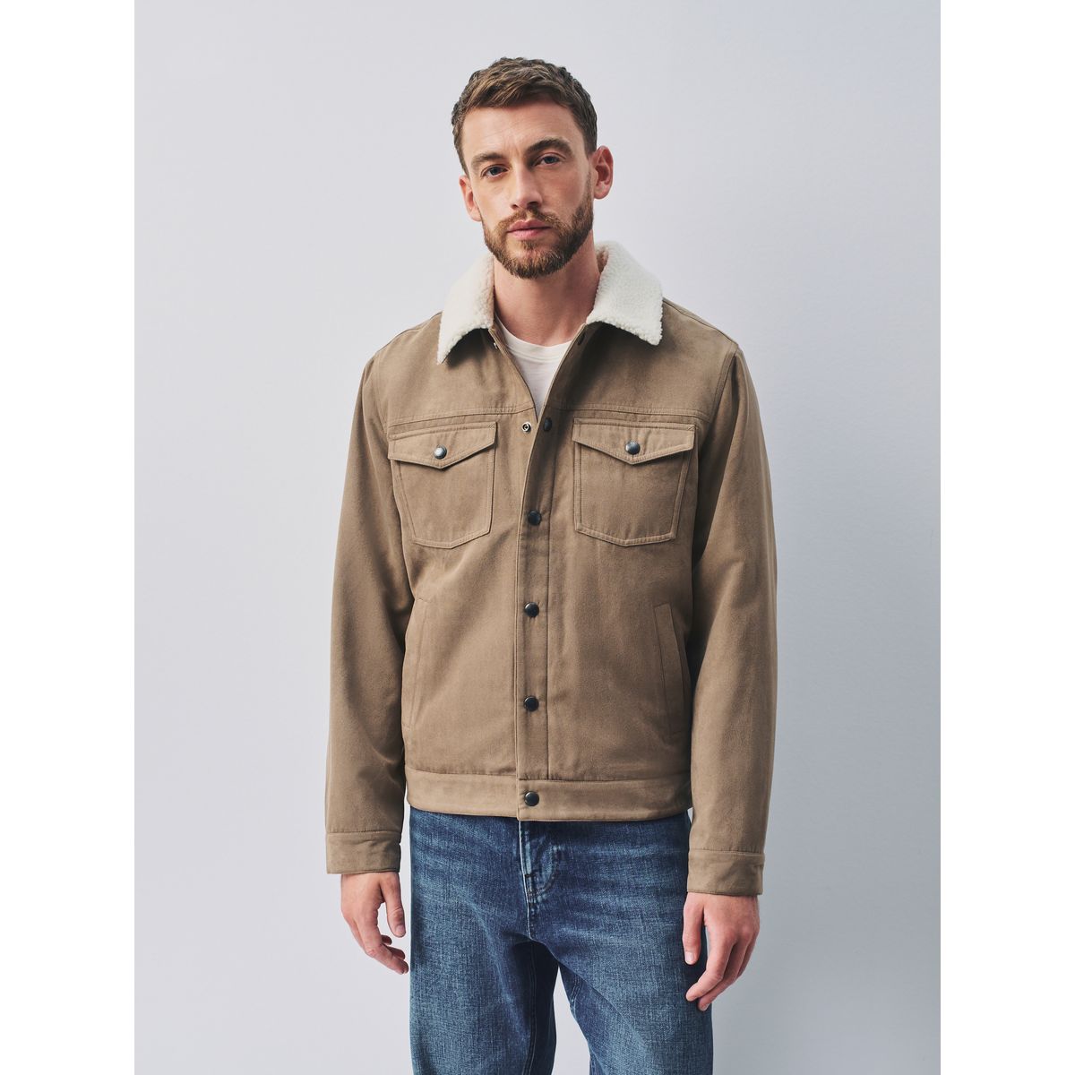 Veste de camionneur en simili daim doublée pierre neutre, NEXT