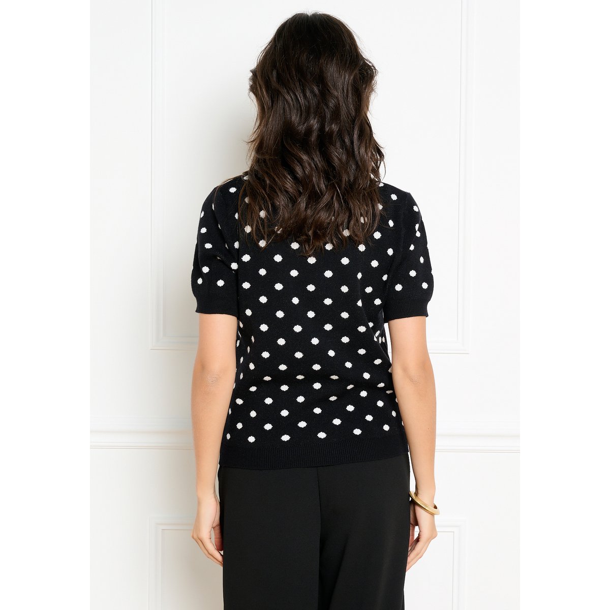 Pull jacquard manches courtes à pois noir, LOLALIZA