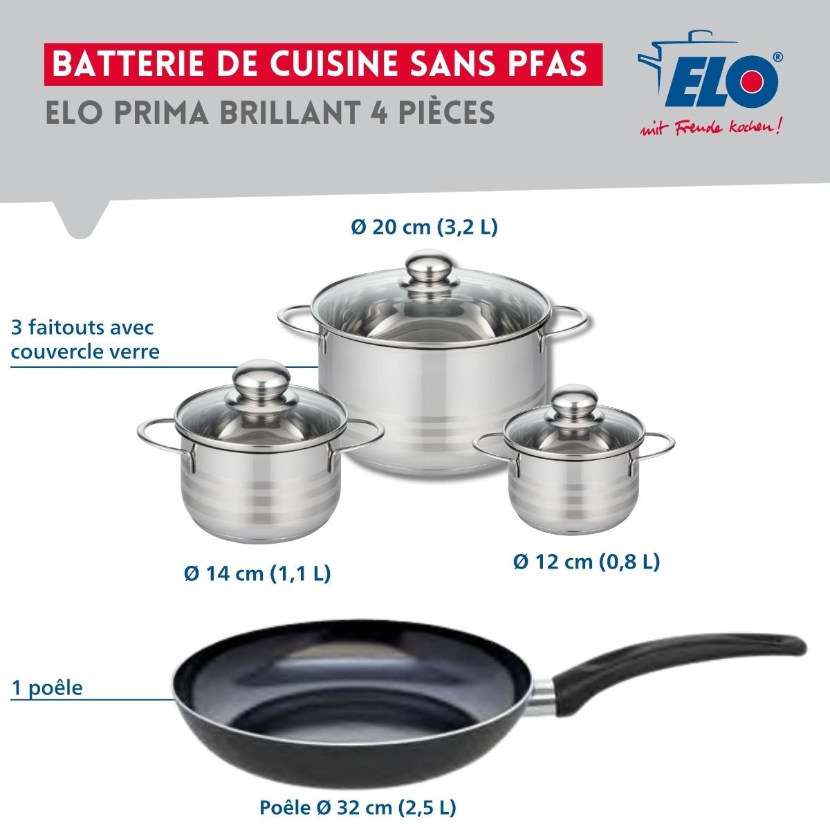 Batterie 1 poêle 32cm + 3 faitouts 12/14/20cm PRIMA BRILLANT noir, ELO