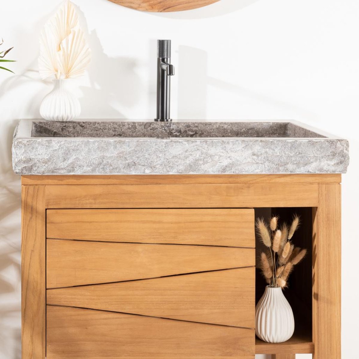 Meuble en teck massif rectangle 67cm + vasque COSY gris, WANDA COLLECTION