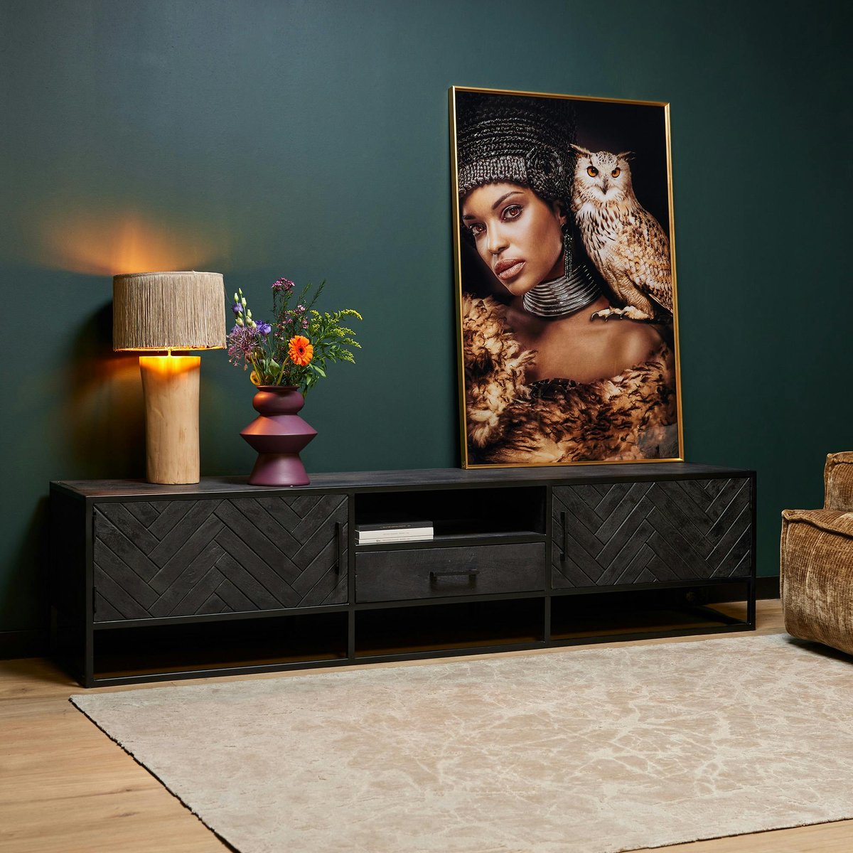Meuble TV noir en bois 2 portes motif chevron 210 cm ALVERA noir, PIER IMPORT
