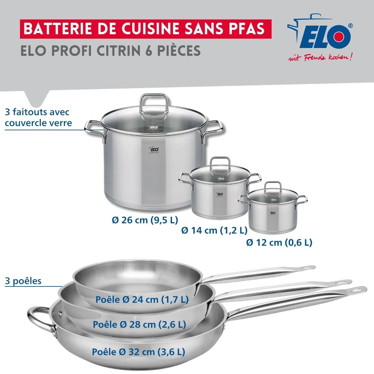 3 poêles 24/28/32cm + 3 faitouts 12/14/26cm PROFI CITRIN gris, ELO