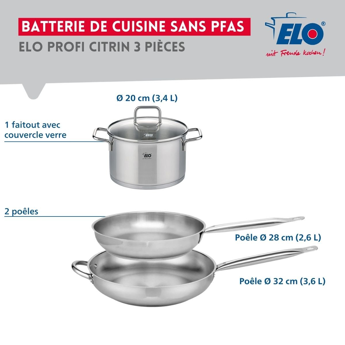 Batterie 2 poêles 28/32cm + 1 faitout 20cm PROFI CITRIN inox, ELO