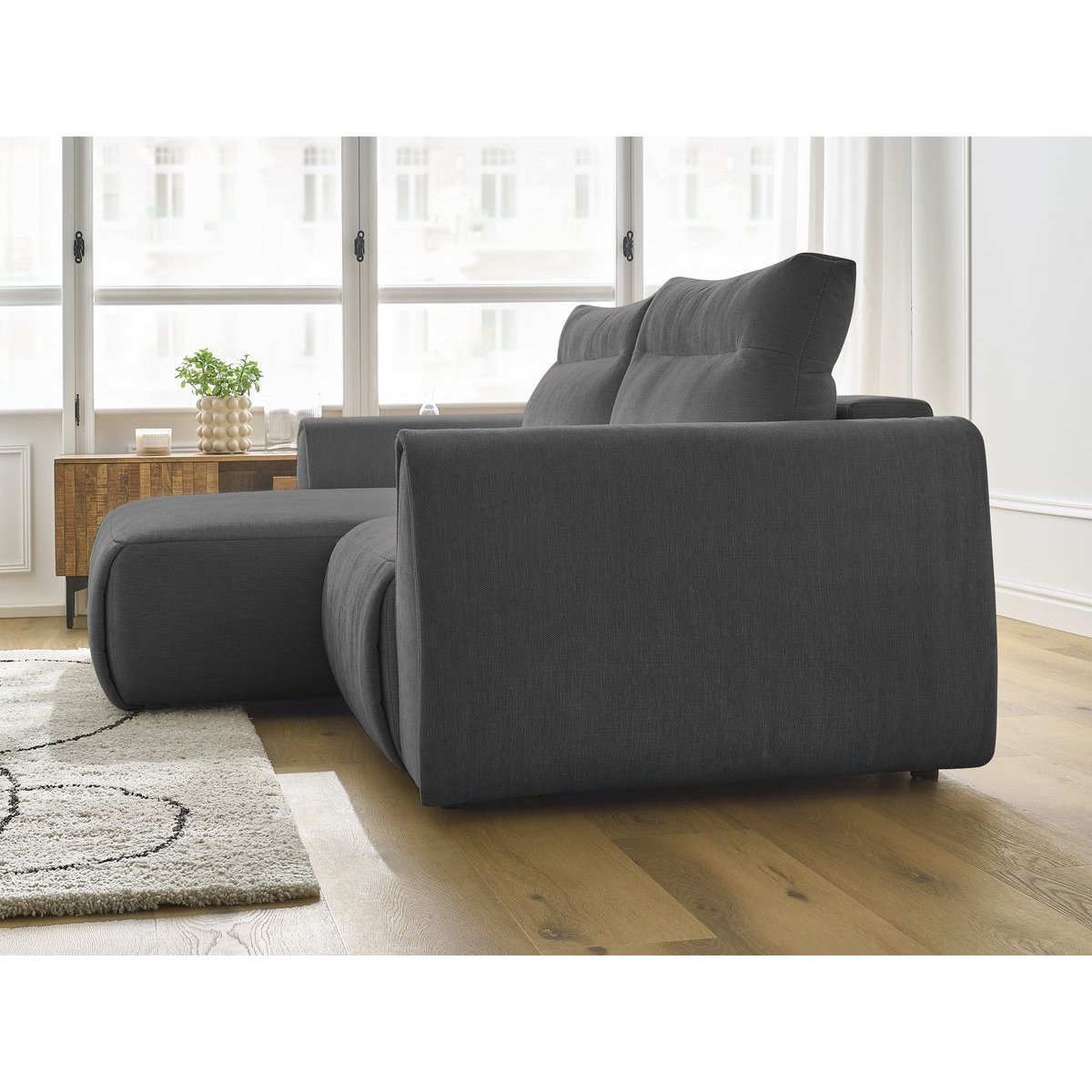 Canapé d'angle fixe compact 3 places tissu lisse, ADEN gris foncé, BOBOCHIC