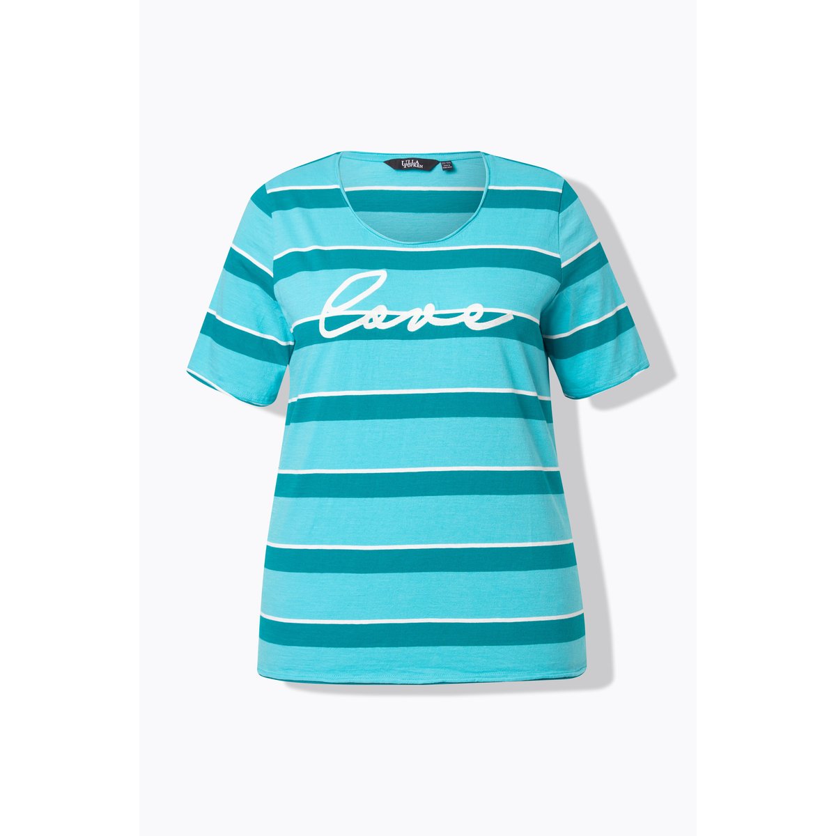 T-shirt rayé avec broderie. Encolure ronde aqua foncé, ULLA POPKEN