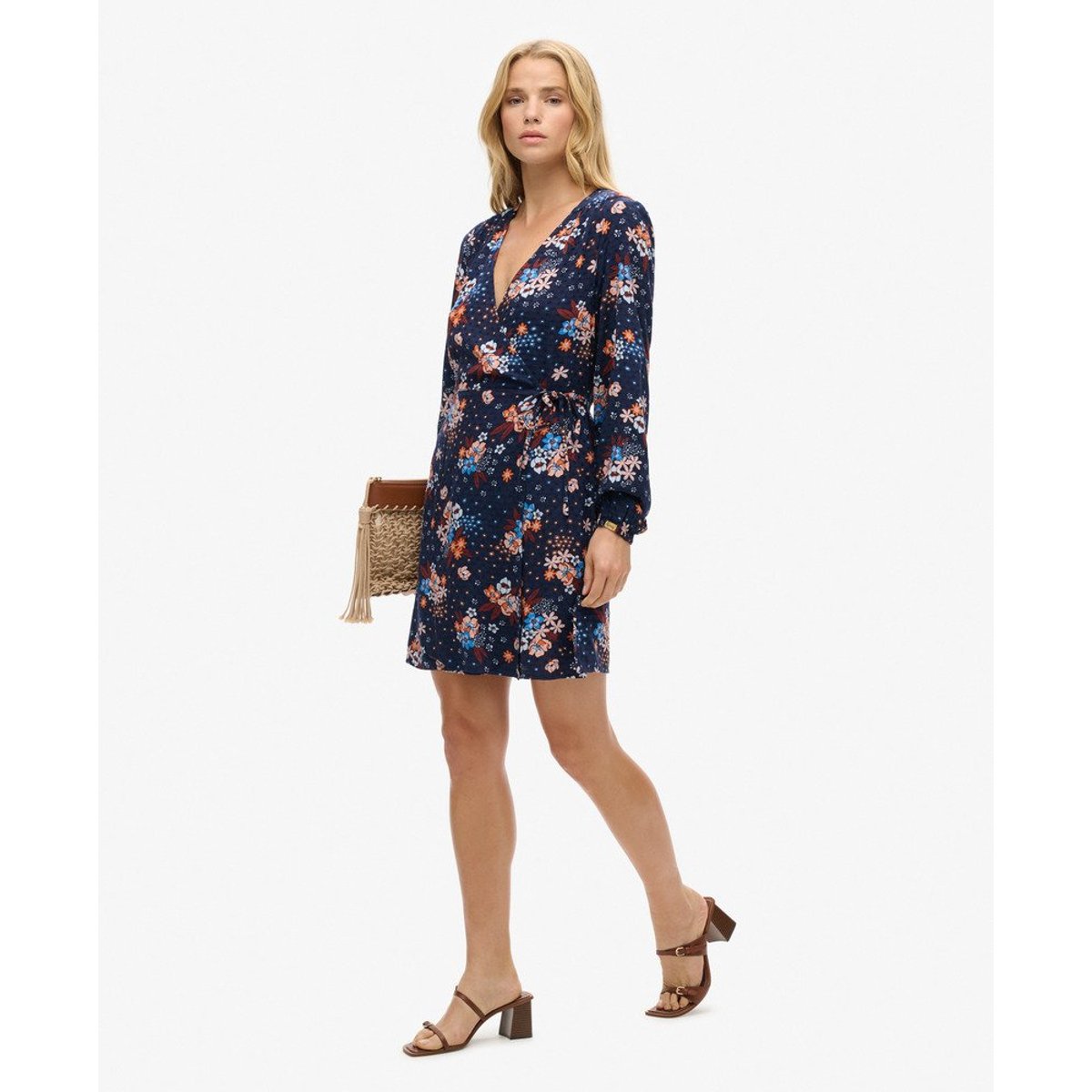 Robe courte portefeuille imprimée bleu marine à fleurs doris, SUPERDRY